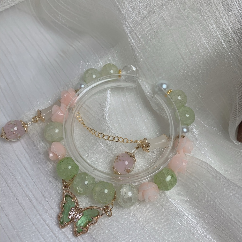 Elegant Butterfly Charm Bracelet in Green and Pink